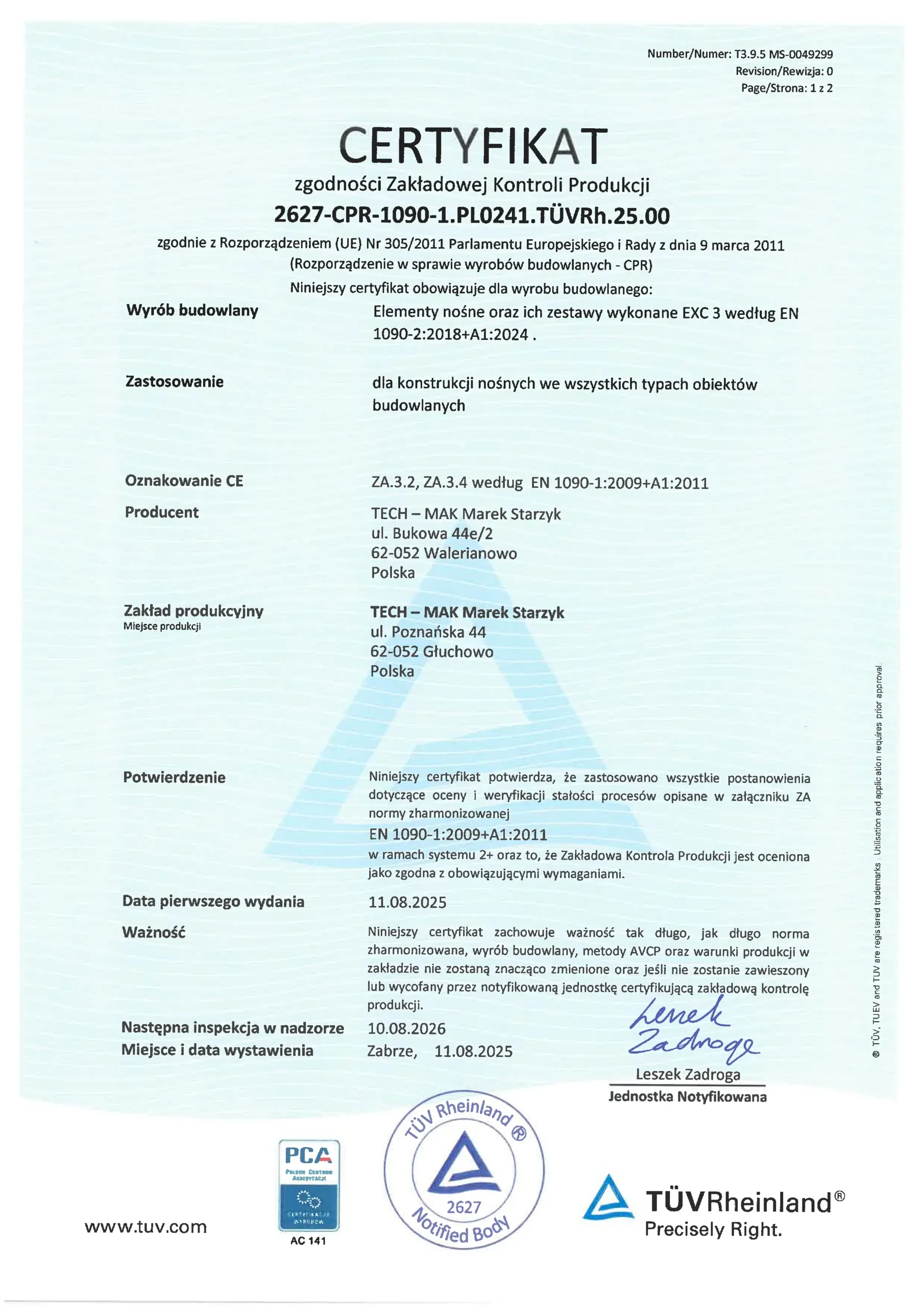 Certyfikat EN 1090