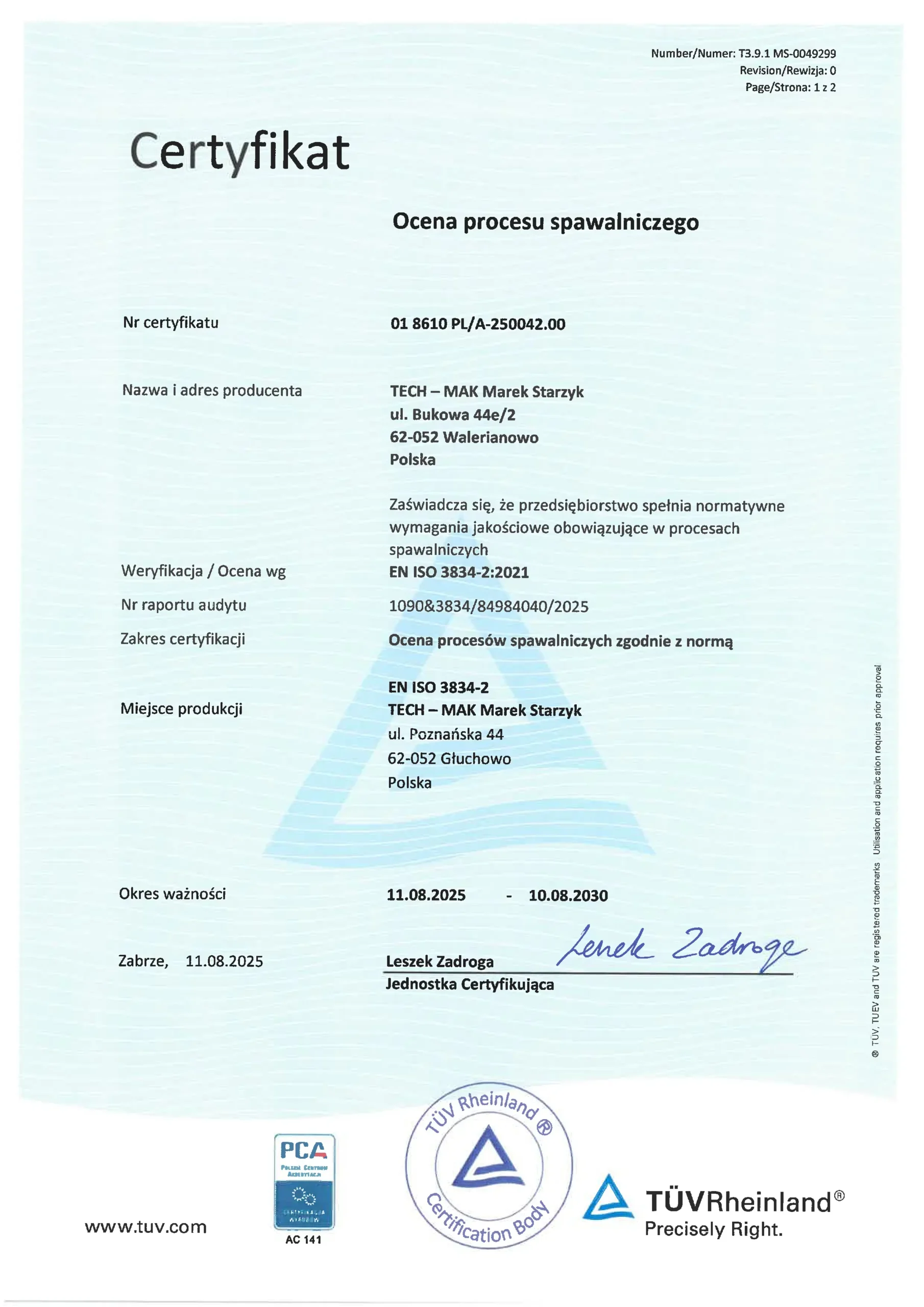 Certyfikat EN ISO 3834