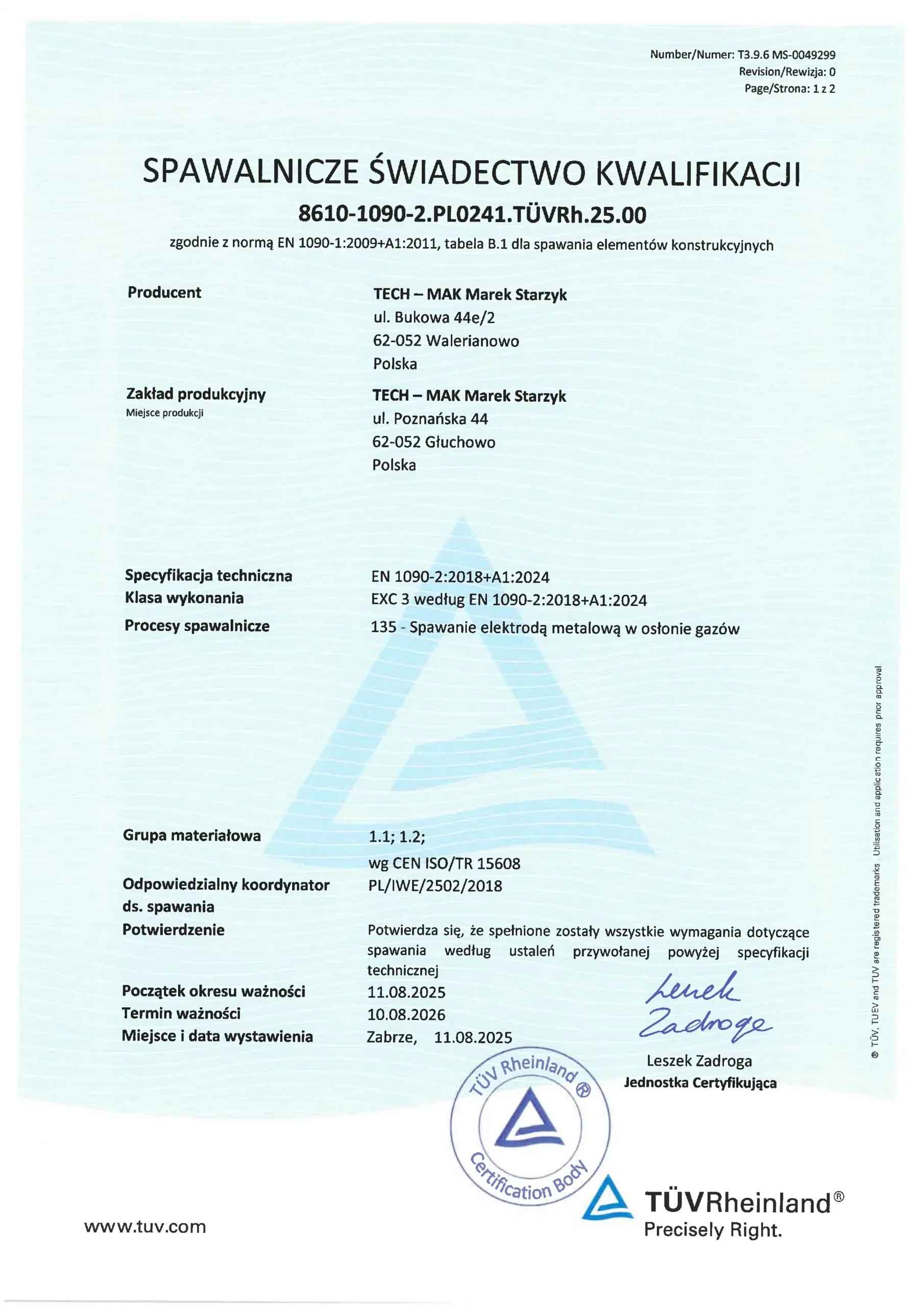 Świadectwo spawalnicze